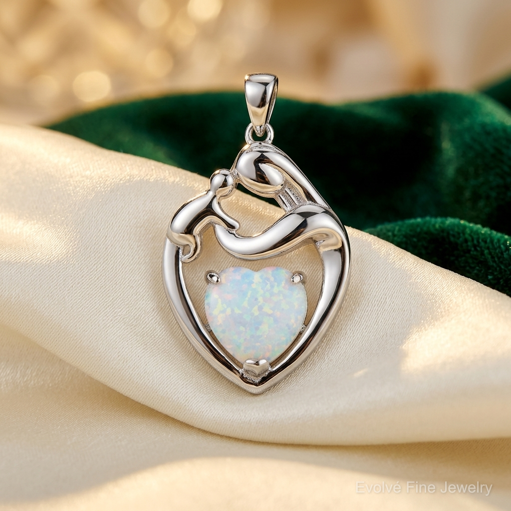 Sterling Silver Rhodium-plated Created Opal Mother/Child Heart Slide - Lifestyle View