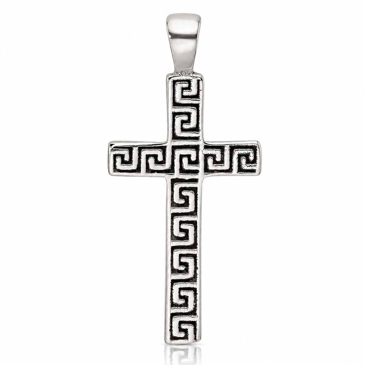 Sterling Silver Polished and Antiqued Greek Key Latin Cross Pendant - Lifestyle View