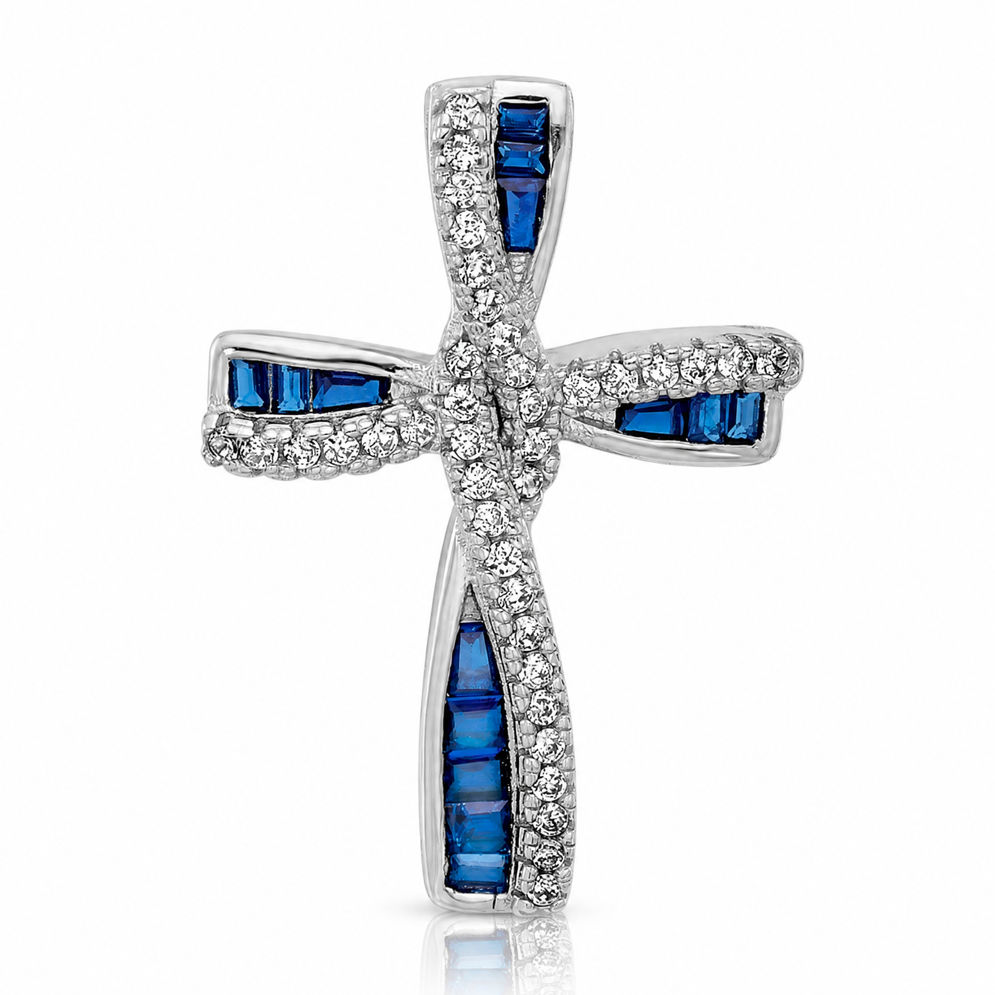 SS Flash Platinum-plated Synthetic Blue Spinel and CZ Cross Charm - Lifestyle View