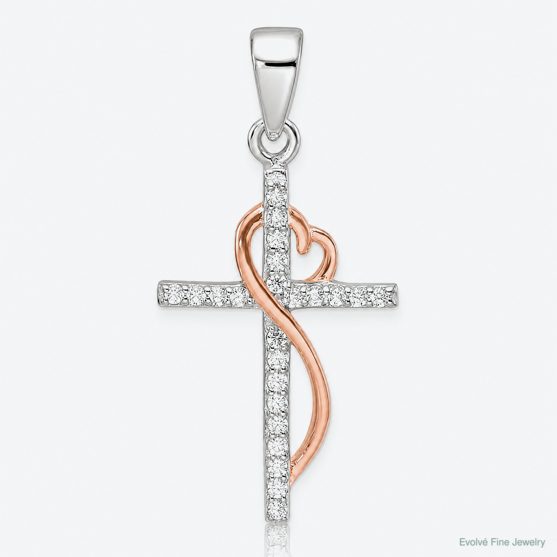 Sterling Silver Rose-tone Polished CZ Heart Cross Pendant - Lifestyle View