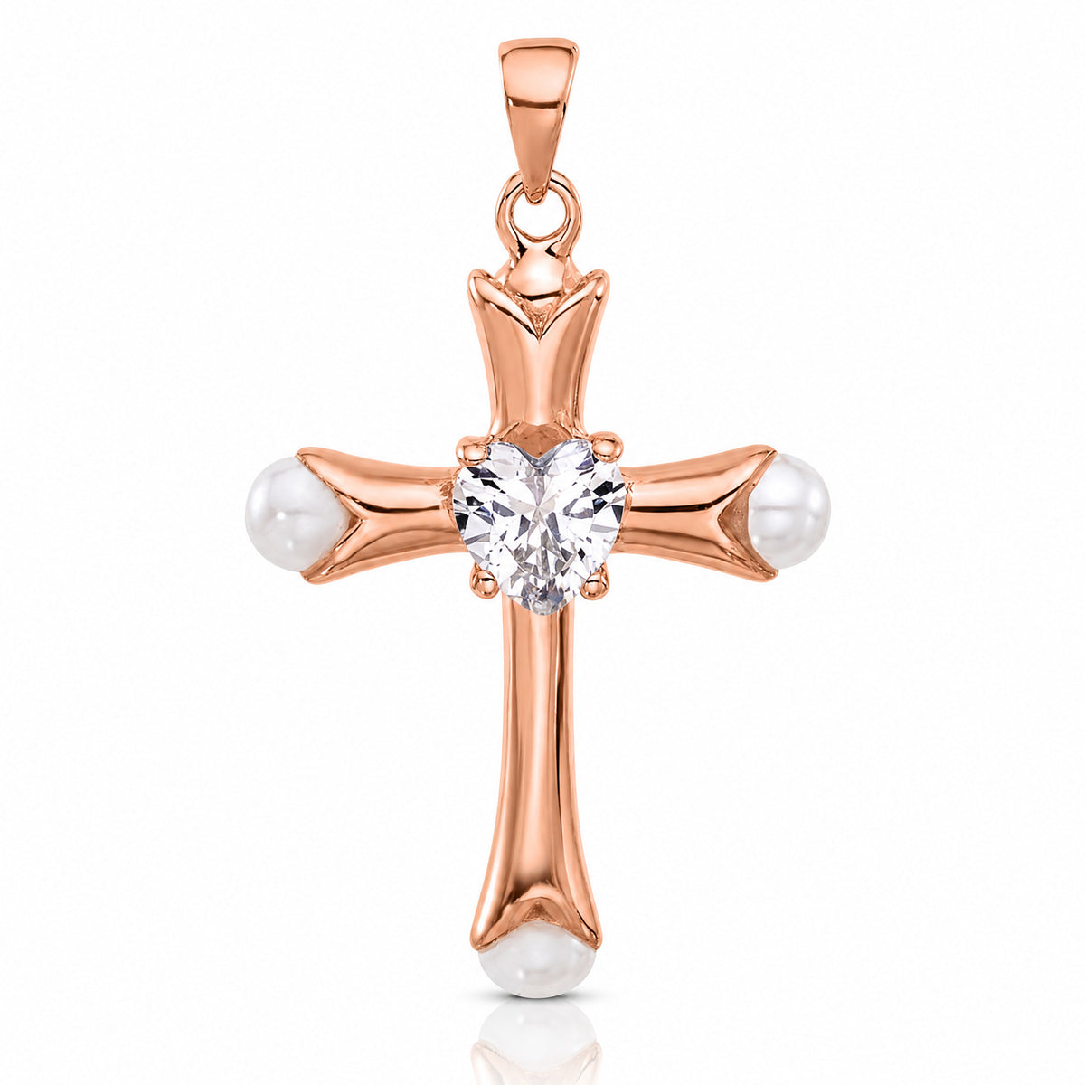 Sterling Silver Rose-tone Heart CZ and Synthetic Pearl Cross Pendant - Lifestyle View