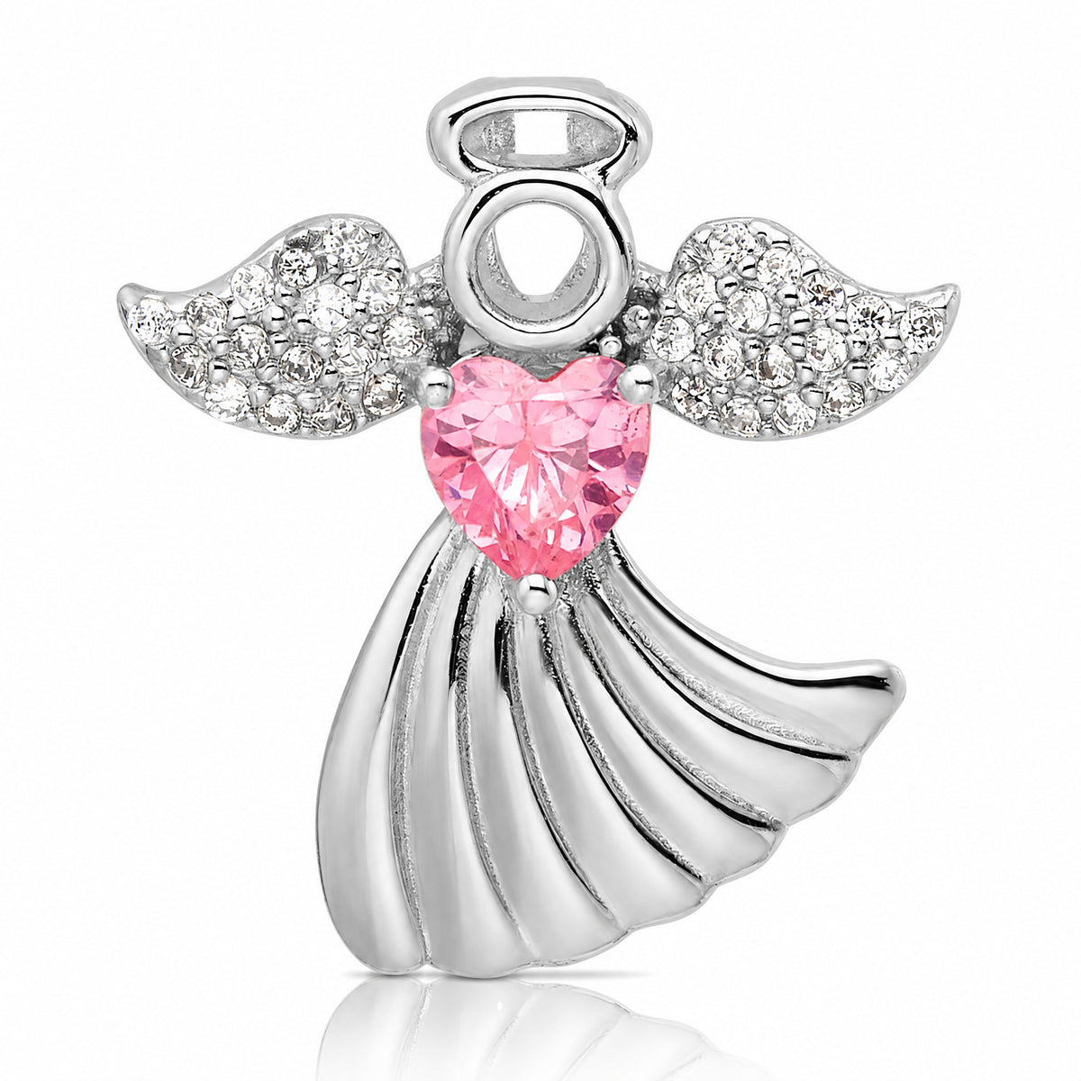 SS Rhodium-plated Pink and Clear CZ Angel Chain Slide Pendant - Lifestyle View