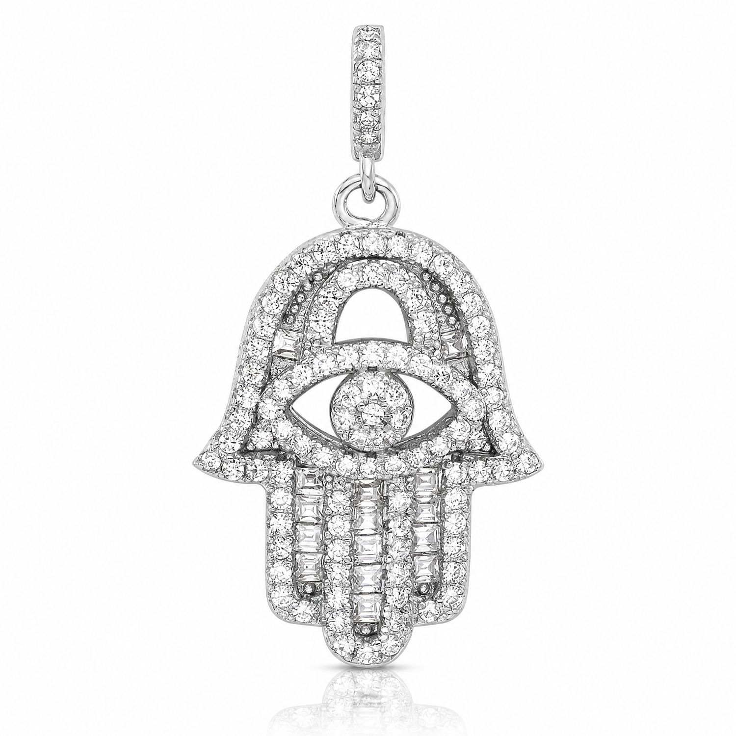 Sterling Silver Rhodium-plated CZ Evil Eye Hamsa Pendant - Lifestyle View