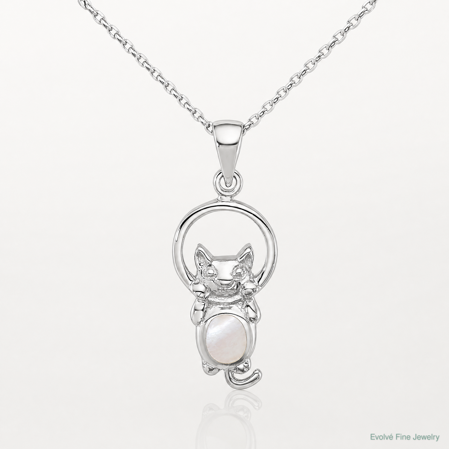 Sterling Silver Rhodium-plated Polished MOP Hanging Cat Pendant - Lifestyle View