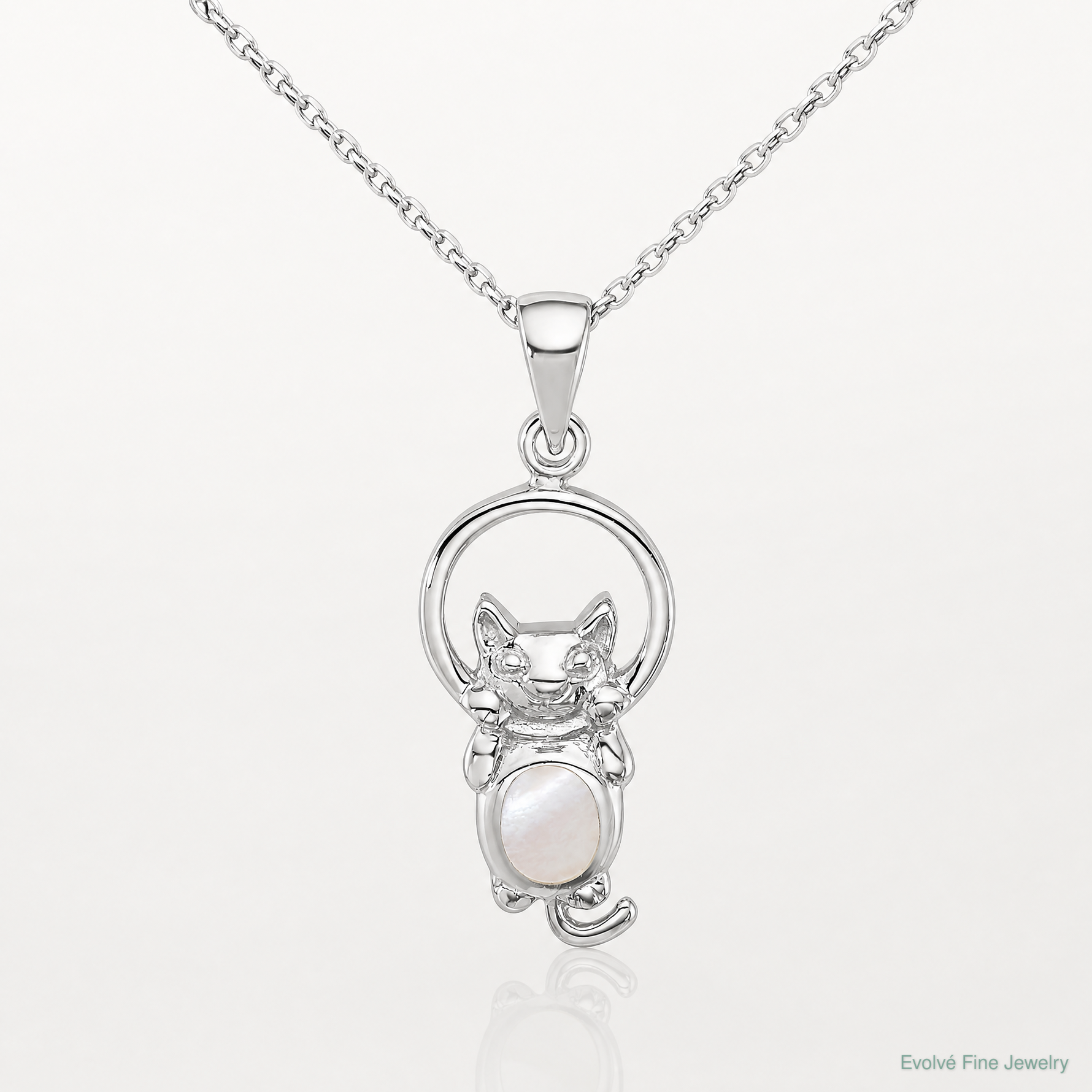 Sterling Silver Rhodium-plated Polished MOP Hanging Cat Pendant - Lifestyle View