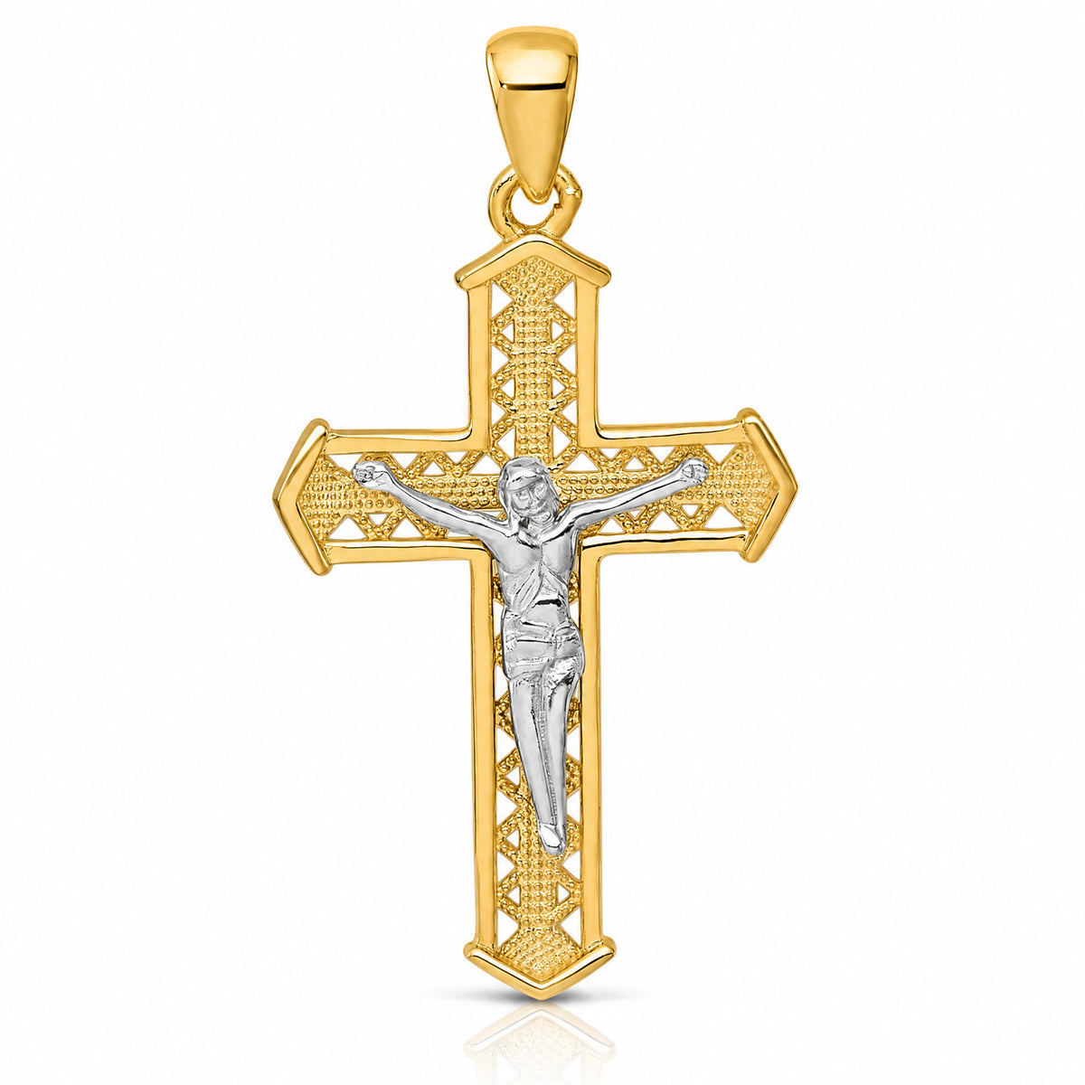 Sterling Silver Rhod-plated Gold-tone Polished Crucifix Cross Pendant - Lifestyle View