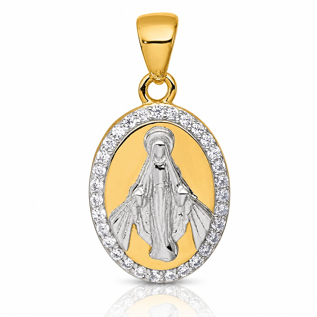 Sterling Silver Rhod-plated Gold-tone Polished CZ Miraculous Medal Pendant - Lifestyle View