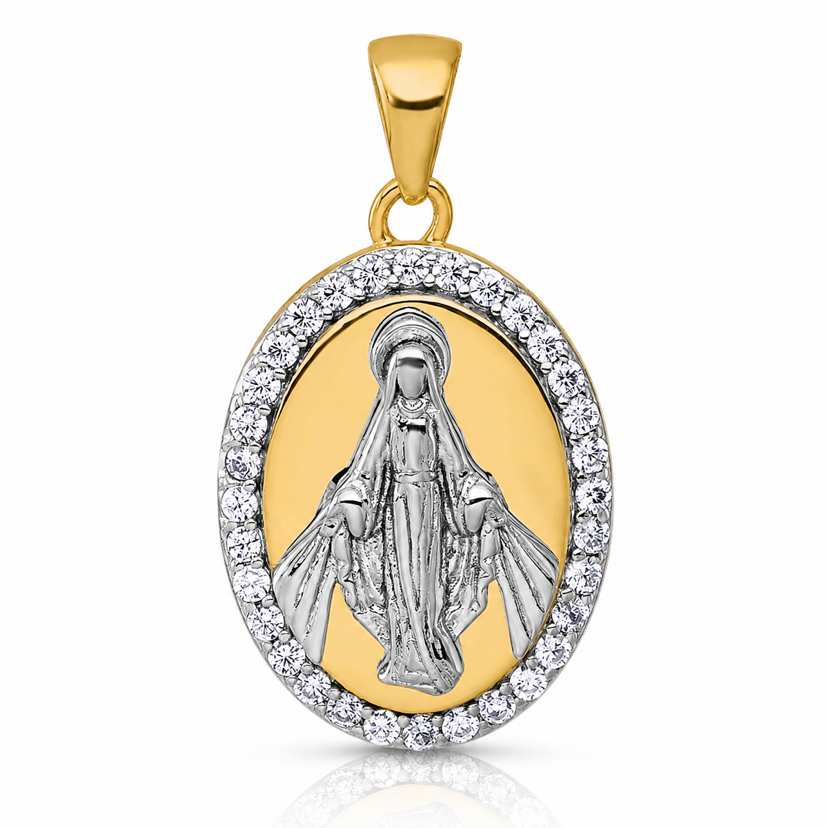 Sterling Silver Rhodium-plated Gold-tone CZ Miraculous Medal Pendant - Lifestyle View