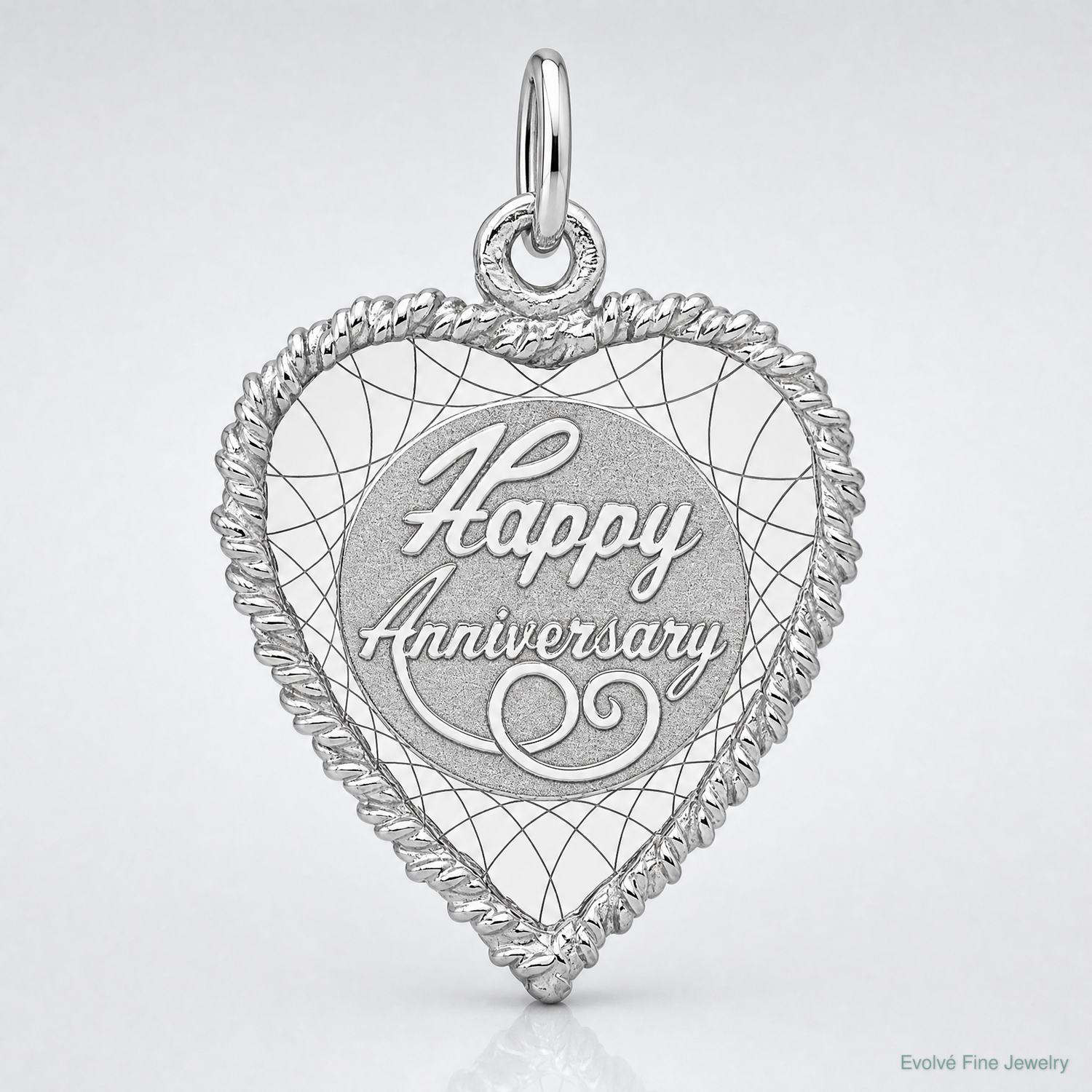 SS Rh-plt Happy Anniversary Polished Front/Satin Back Disc Charm - Lifestyle View