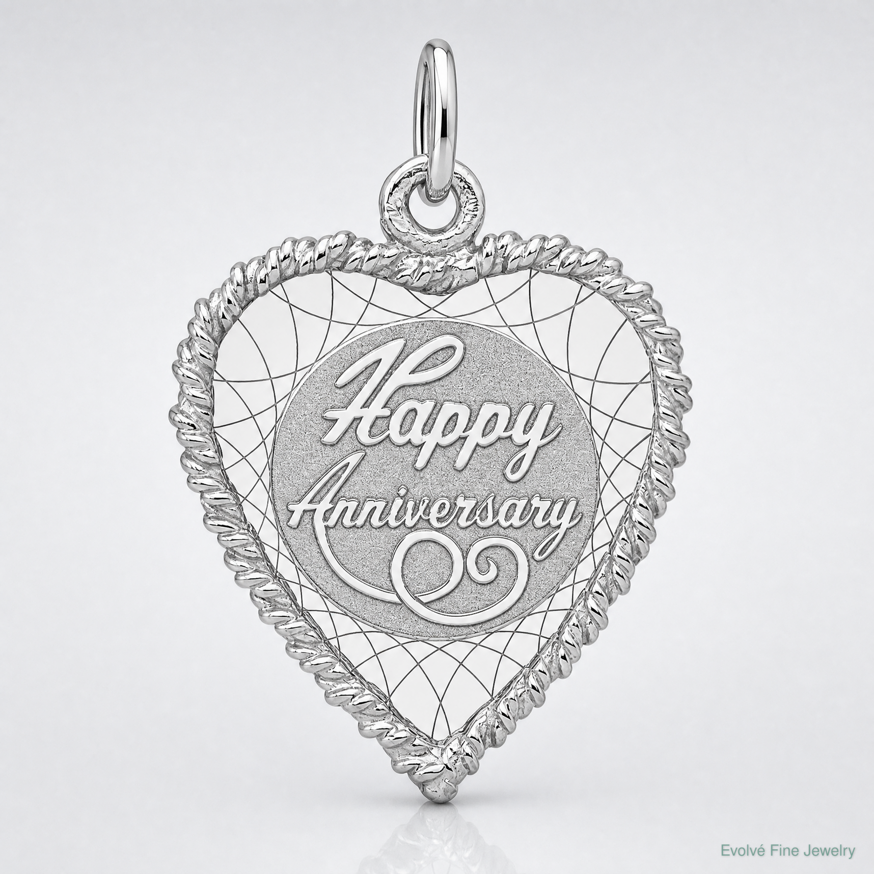 SS Rh-plt Happy Anniversary Polished Front/Satin Back Disc Charm - Lifestyle View