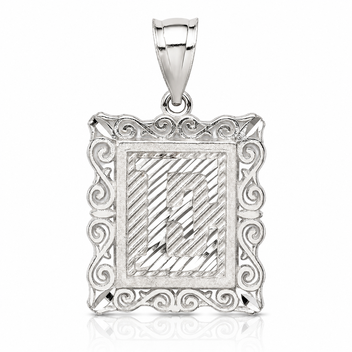Sterling Silver Square Diamond-cut Letter E Initial Pendant - Lifestyle View