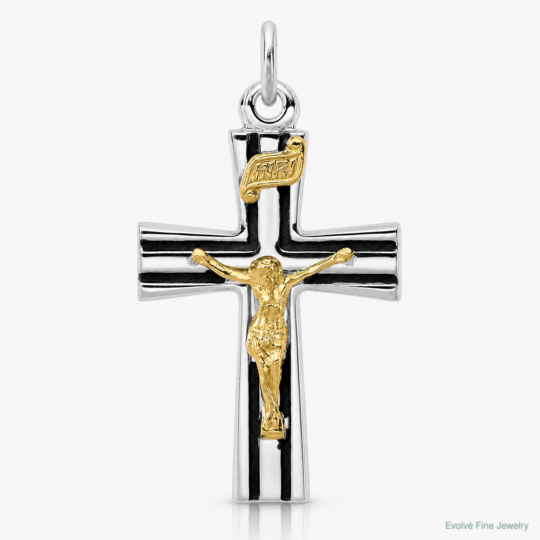Sterling Silver Platinum-plated Gold-tone INRI Crucifix Charm - Lifestyle View