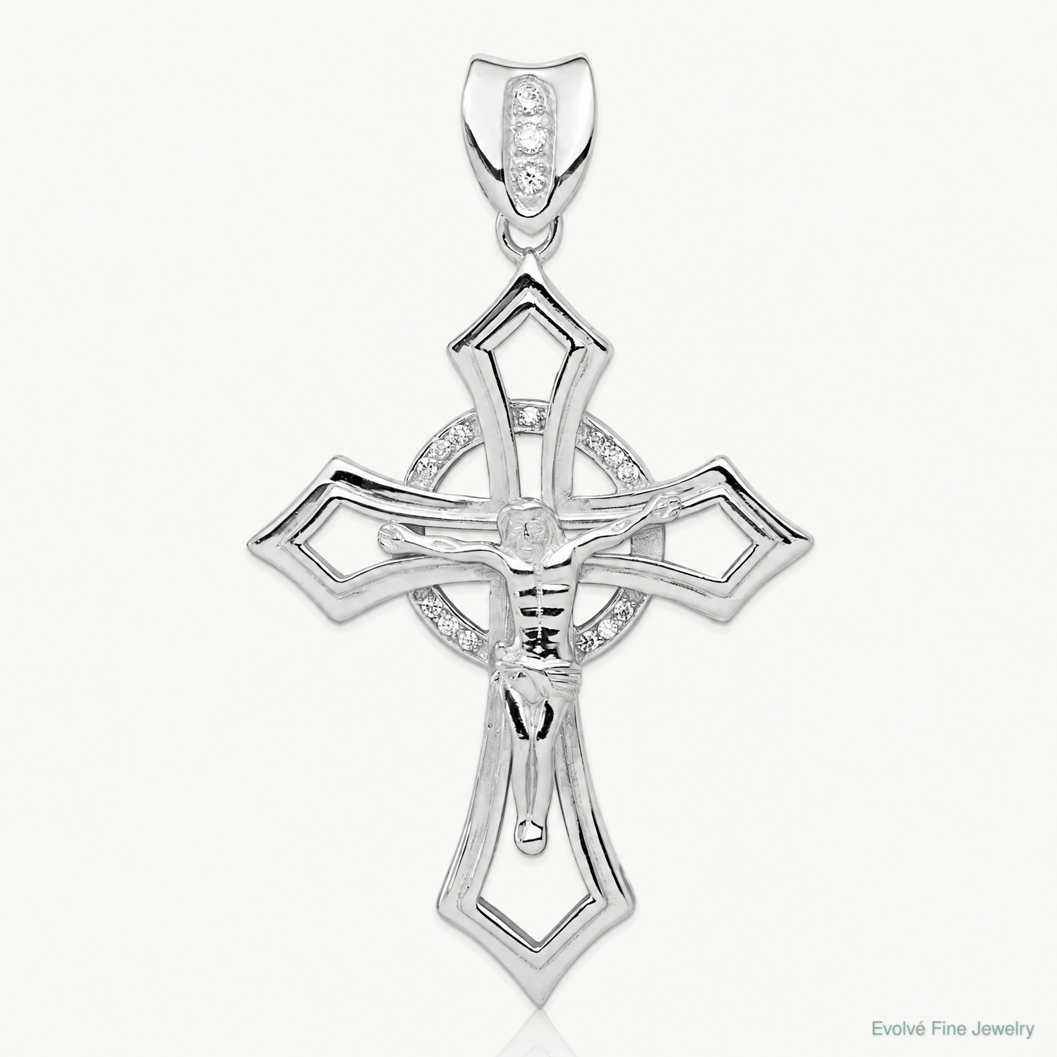 Sterling Silver Rhodium-plated CZ Crucifix Pendant - Lifestyle View