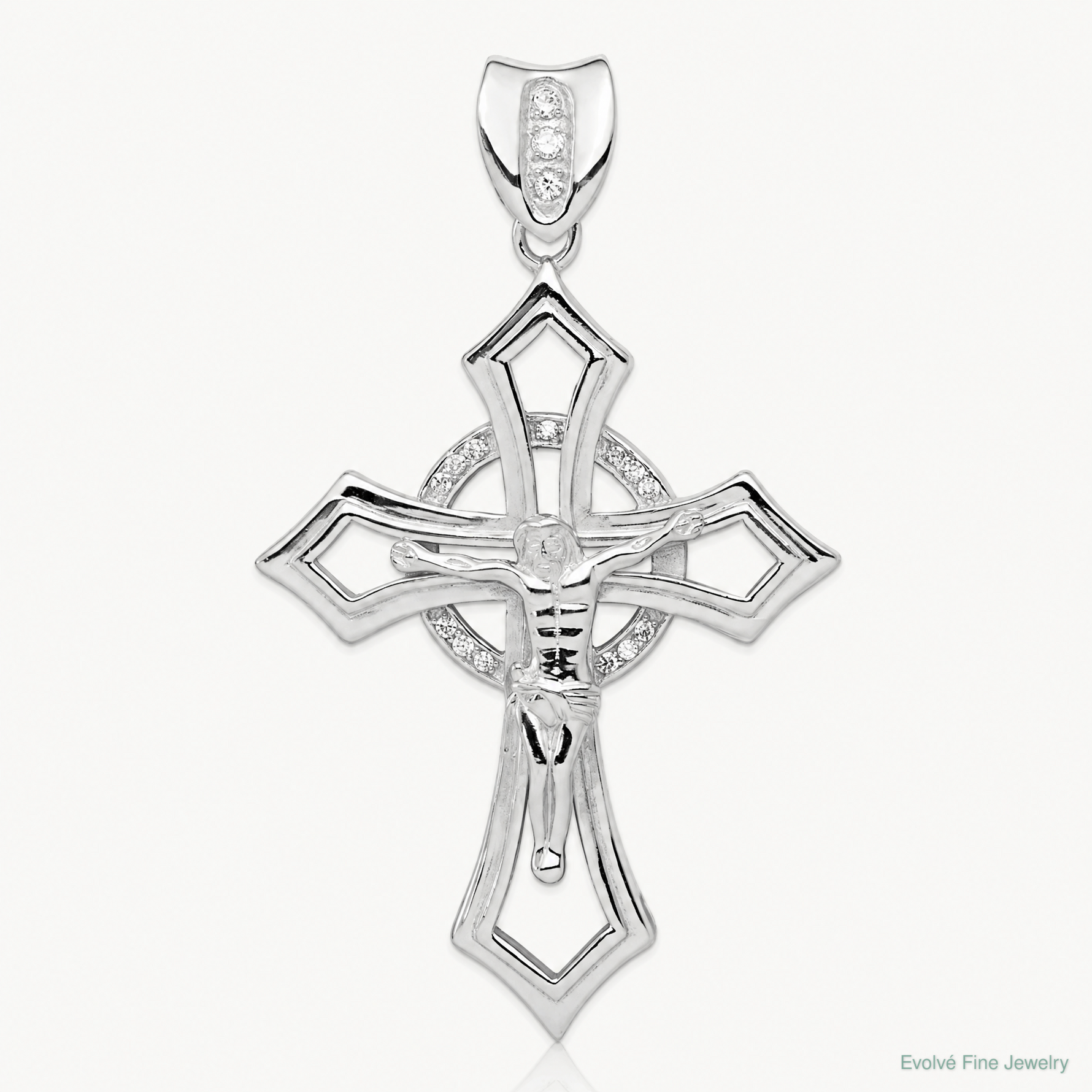Sterling Silver Rhodium-plated CZ Crucifix Pendant - Lifestyle View