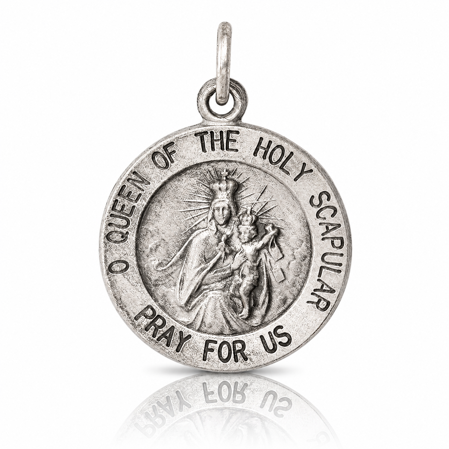 Sterling Silver Antiqued Queen of the Holy Scapular Medal - Lifestyle View