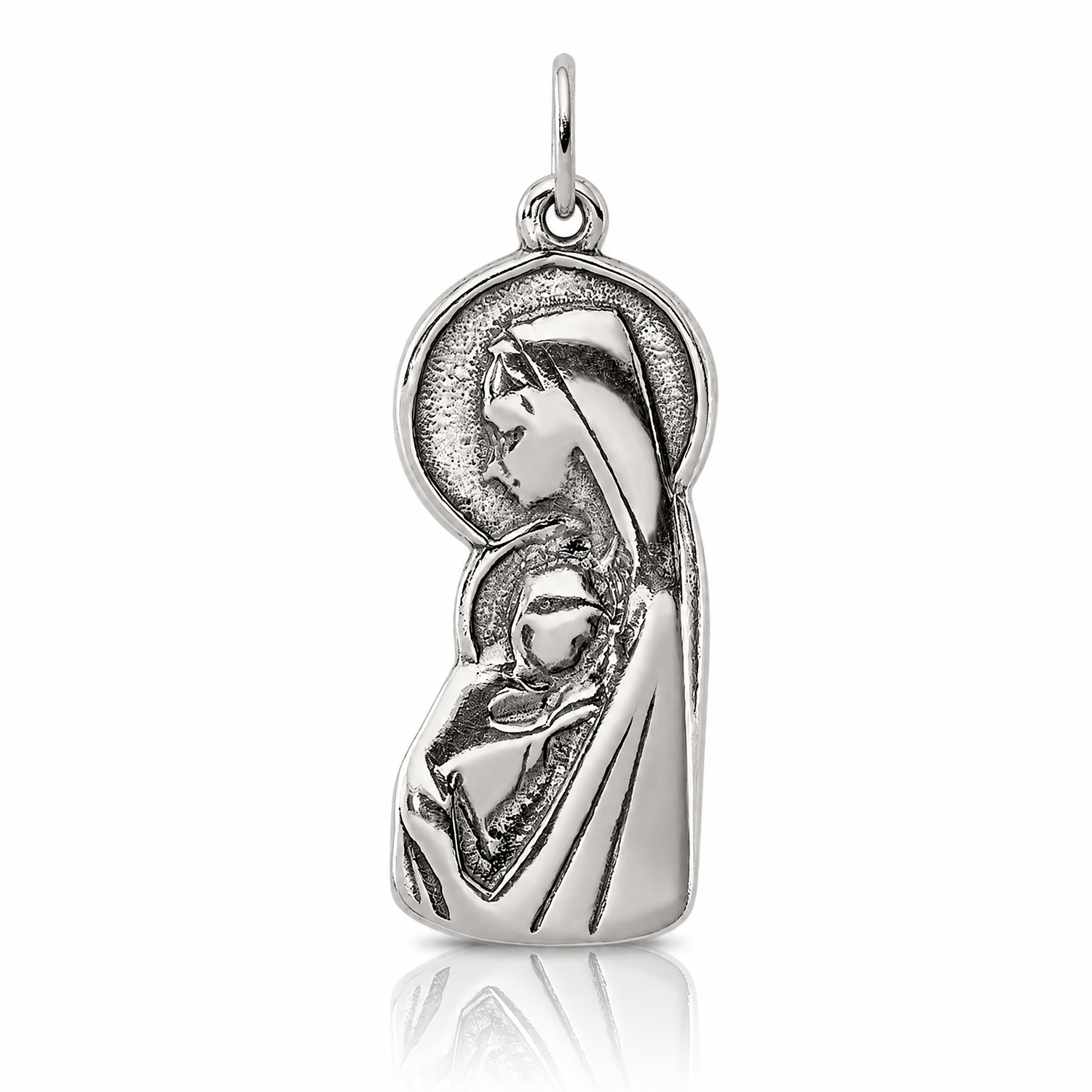 Sterling Silver Antiqued Blessed Mary & Child Jesus Charm - Lifestyle View