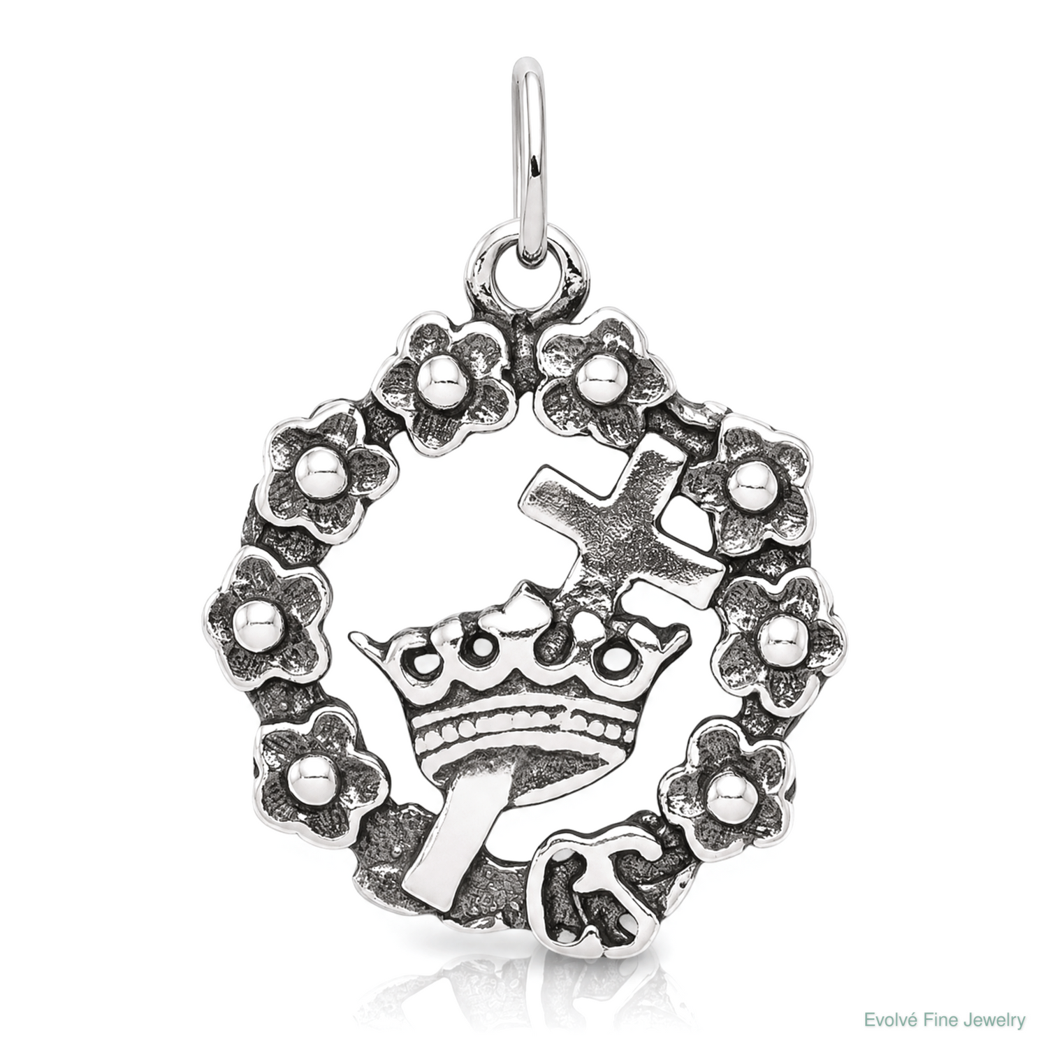 Sterling Silver Antiqued Cross, Crown & Wreath Charm - Lifestyle View