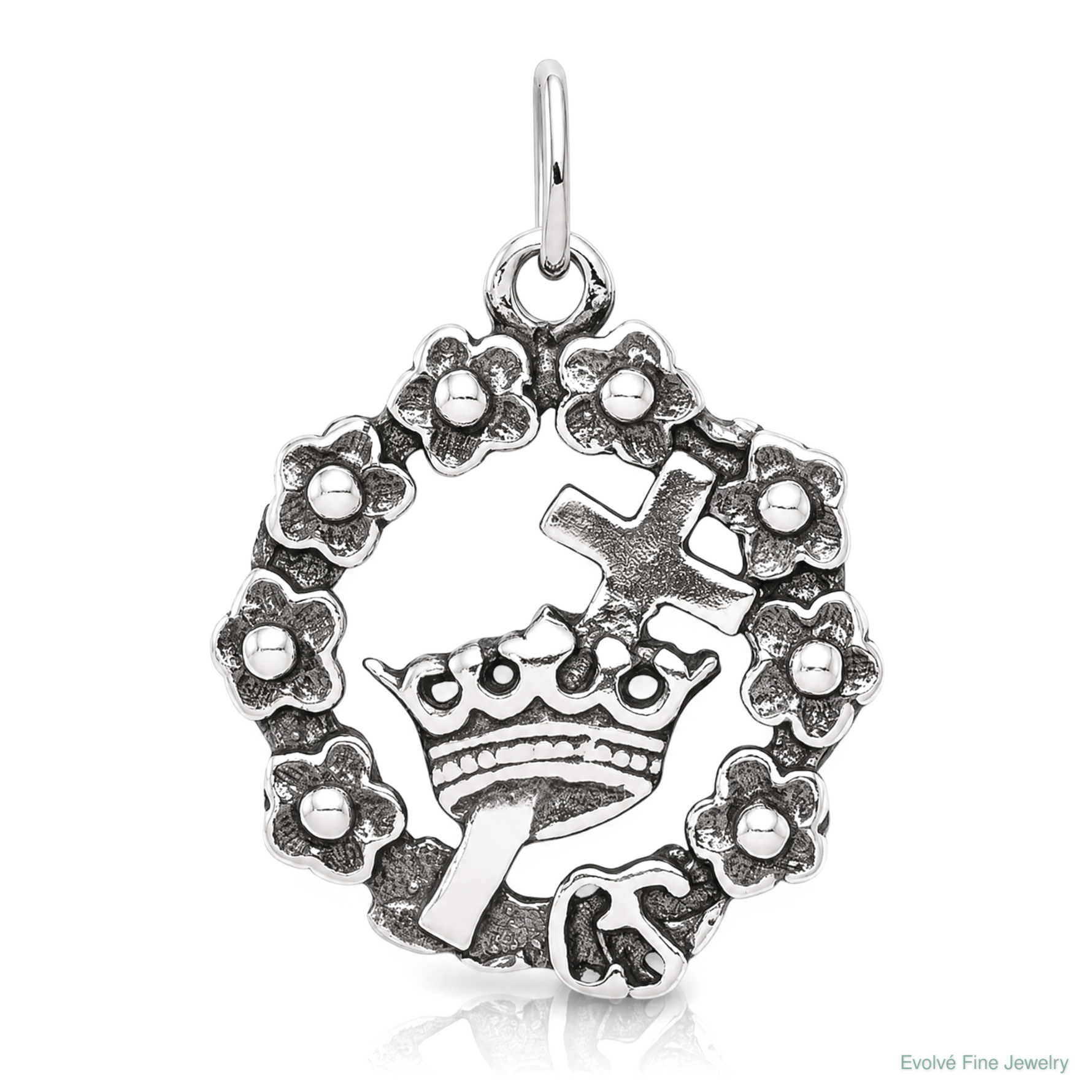 Sterling Silver Antiqued Cross, Crown & Wreath Charm - Lifestyle View