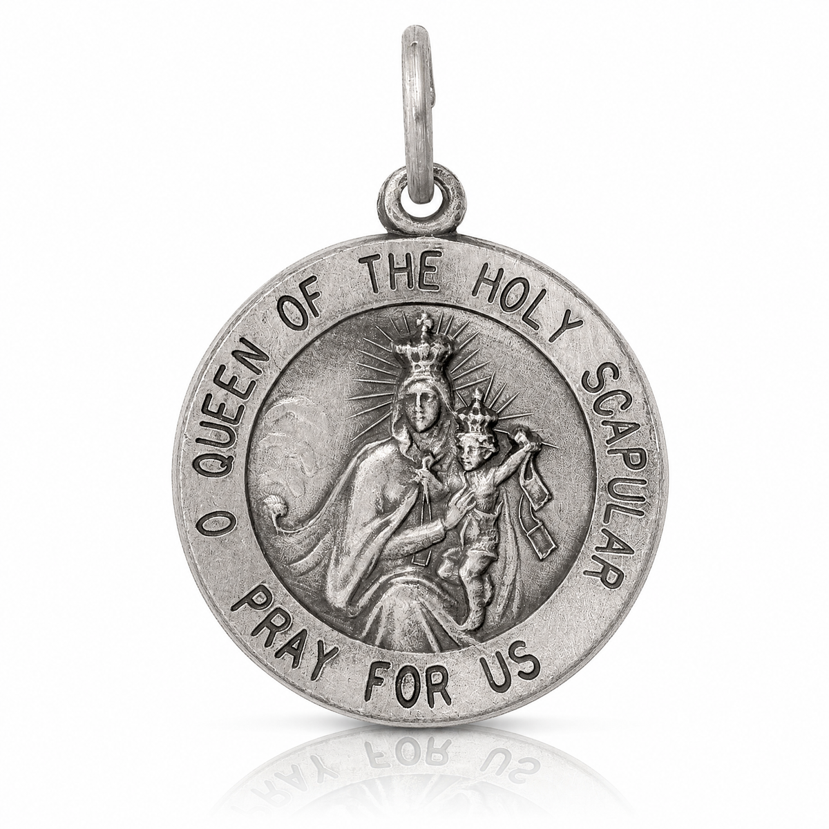 Sterling Silver Antiqued Queen of the Holy Scapular Medal - Lifestyle View