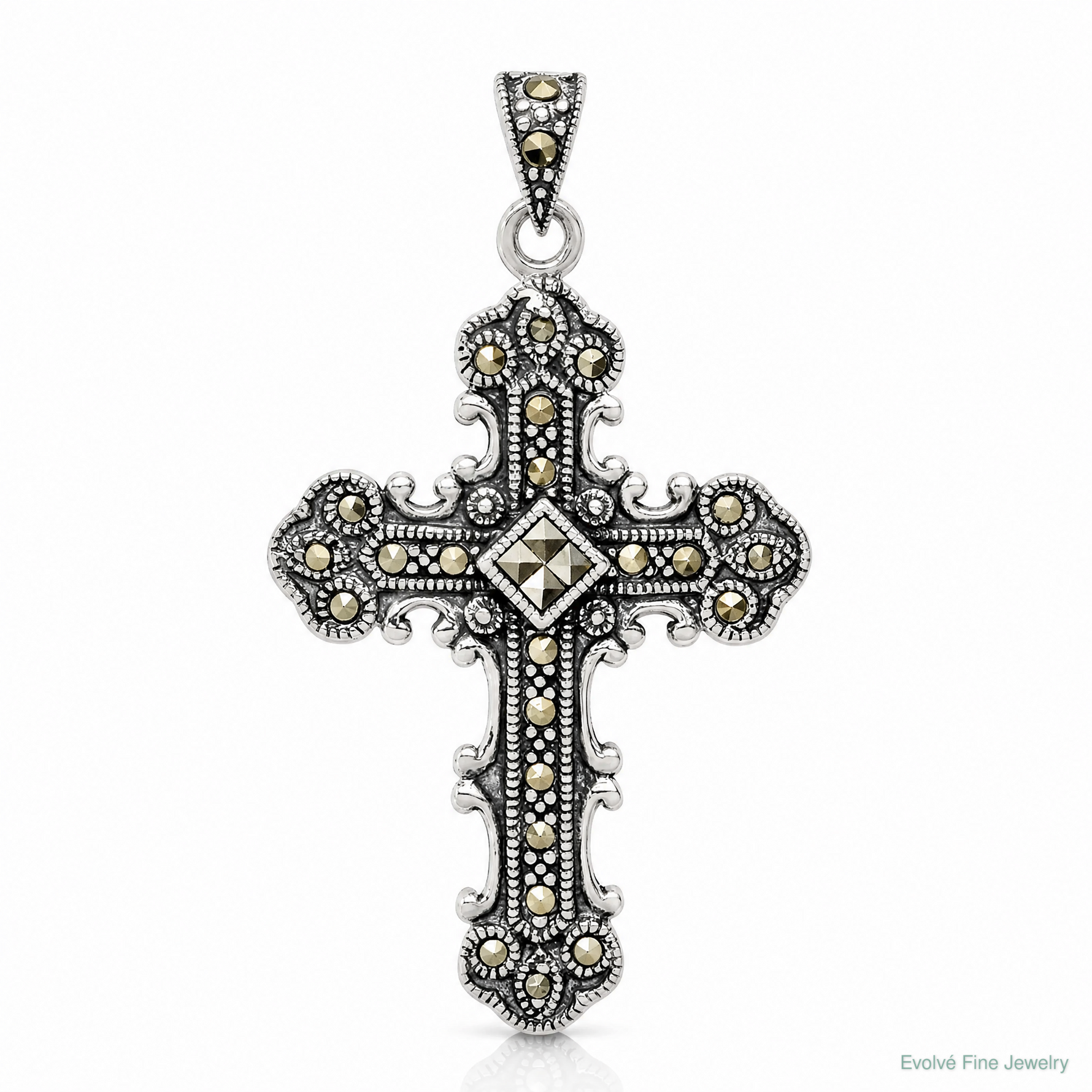 Sterling Silver Antiqued Marcasite Cross Pendant - Lifestyle View