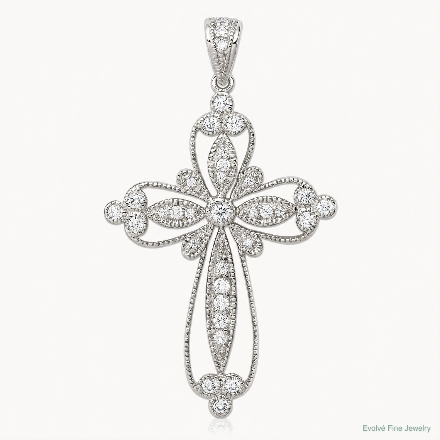Sterling Silver Rhodium-plated CZ Filigree Cross Pendant - Lifestyle View