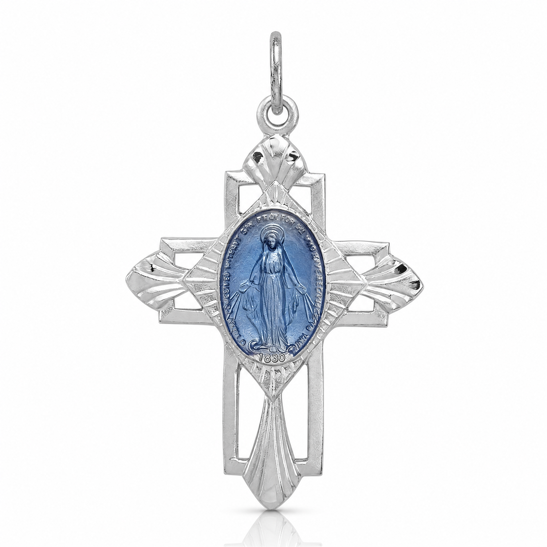 Sterling Silver Platinum-plated Miraculous Medal Cross Pendant - Lifestyle View