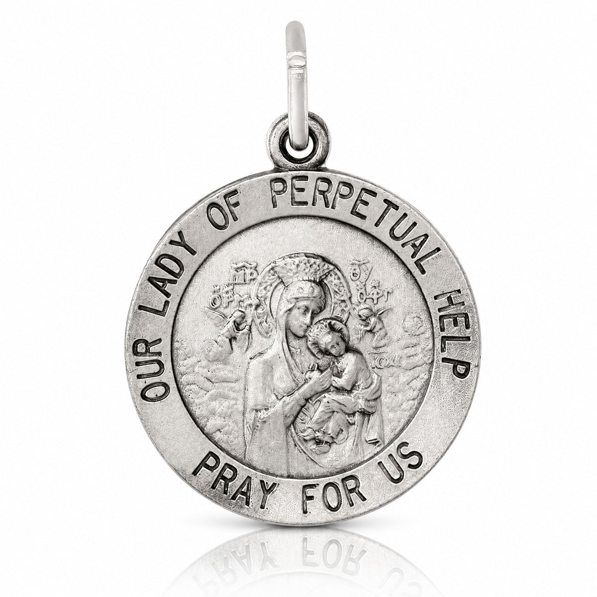 Sterling Silver Antiqued Our Lady of Perpetual Help Round Medal - Lifestyle View