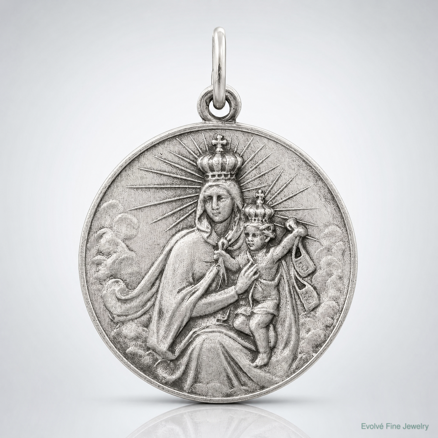 Sterling Silver Antiqued Our Lady of the Holy Scapular Medal - Lifestyle View
