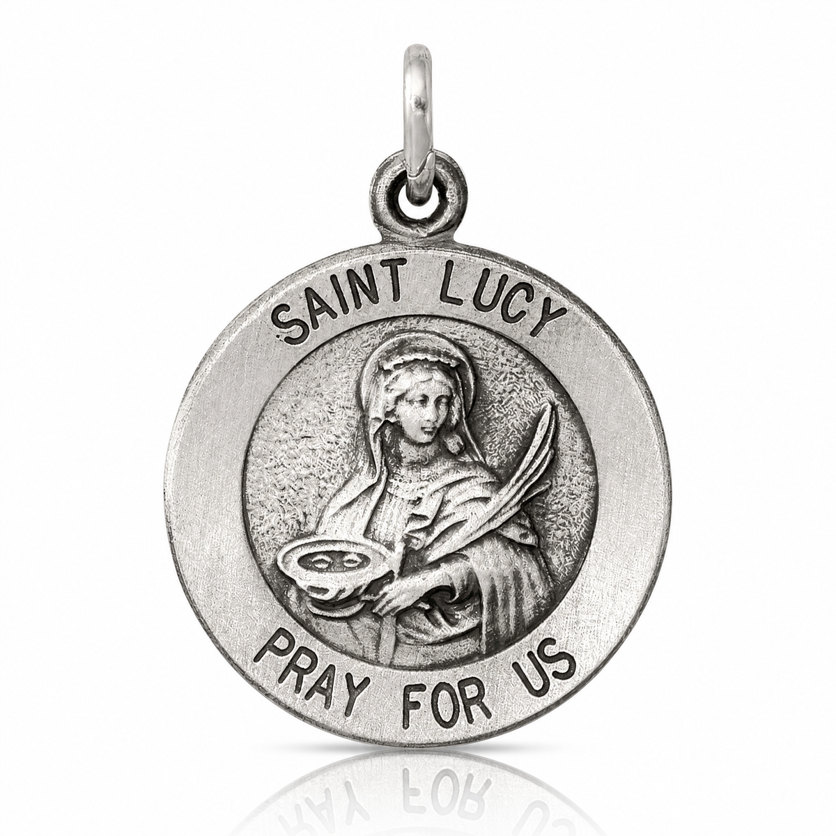 Sterling Silver Antiqued Saint Lucy Medal - Lifestyle View