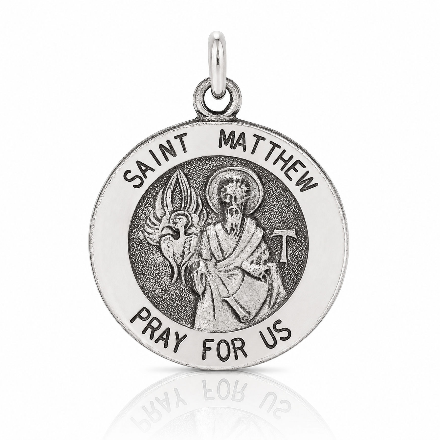 Sterling Silver Antiqued Saint Matthew Medal - Lifestyle View