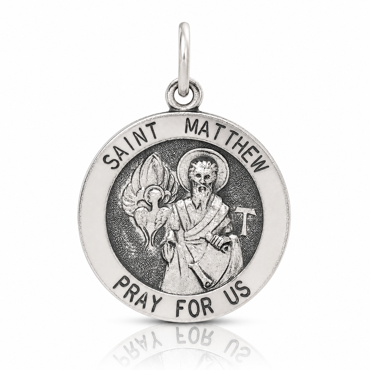 Sterling Silver Antiqued Saint Matthew Medal - Lifestyle View