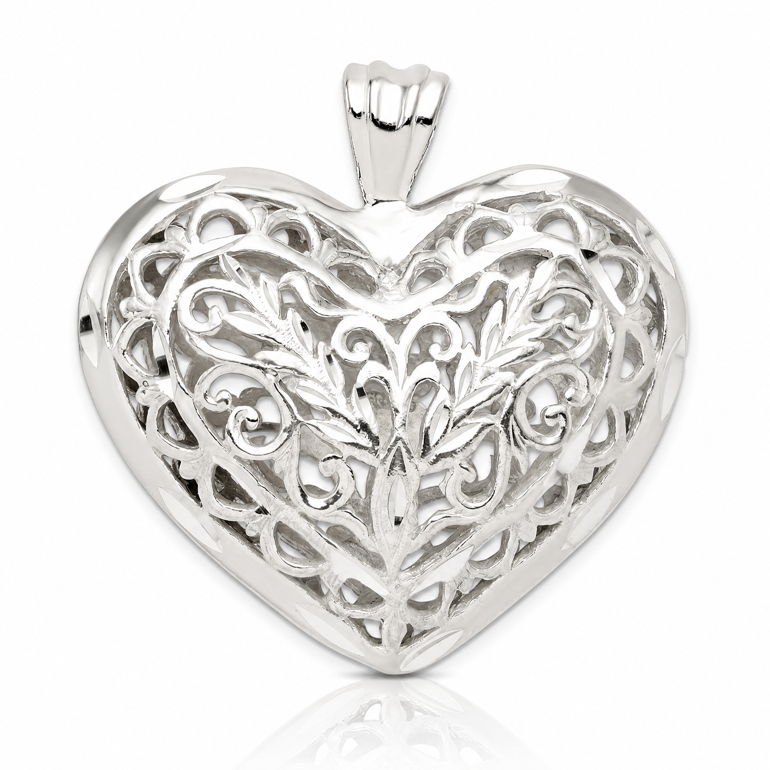 Sterling Silver Filigree Puffed Heart Pendant - Lifestyle View