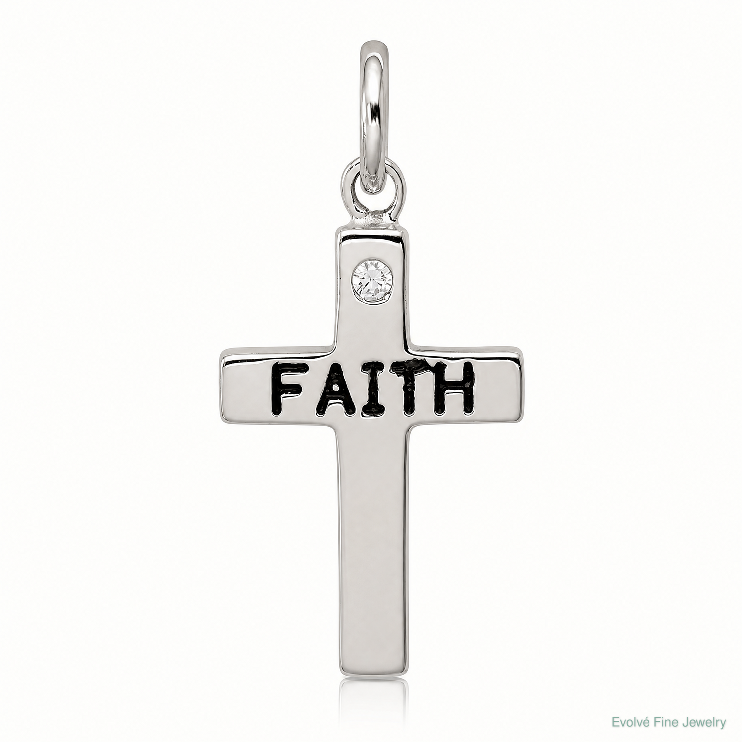 Sterling Silver Rhodium-plated Black Ink FAITH and CZ Antiqued Cross Charm - Lifestyle View