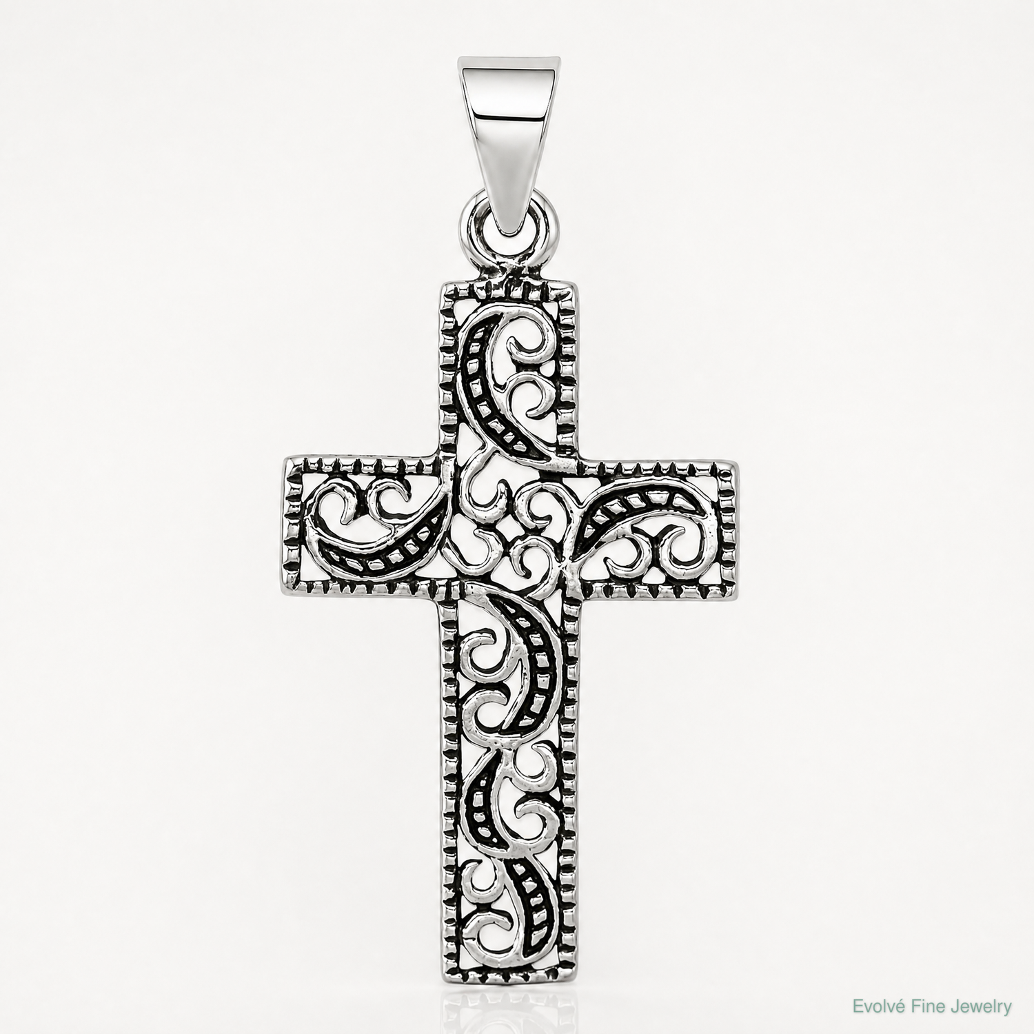 Sterling Silver Antiqued Scroll Cross Pendant - Lifestyle View