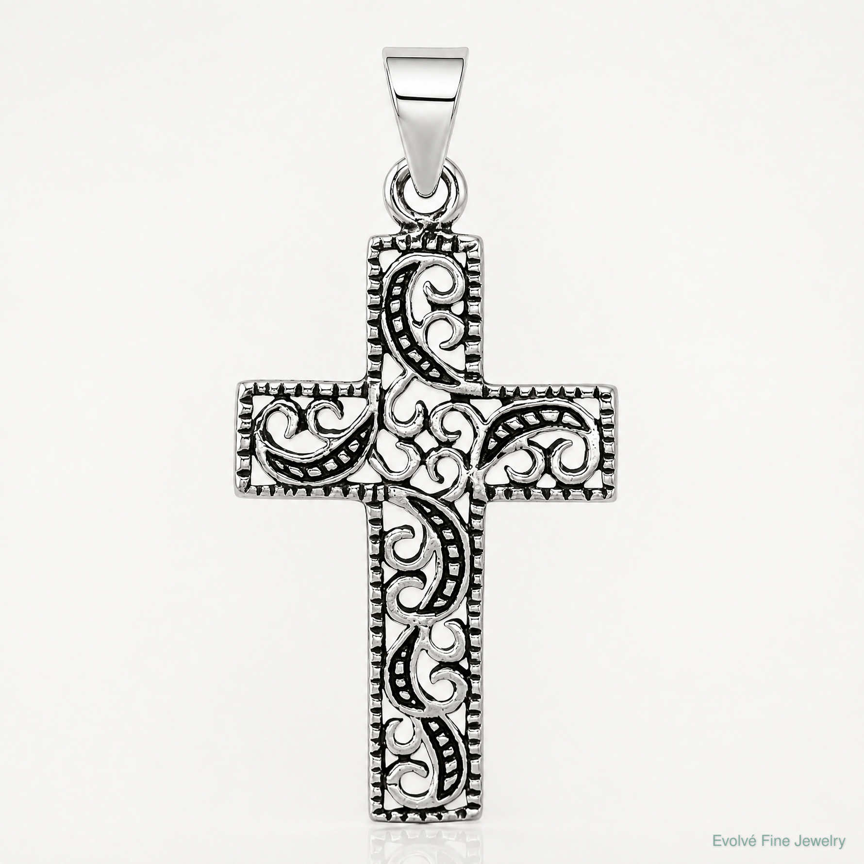Sterling Silver Antiqued Scroll Cross Pendant - Lifestyle View