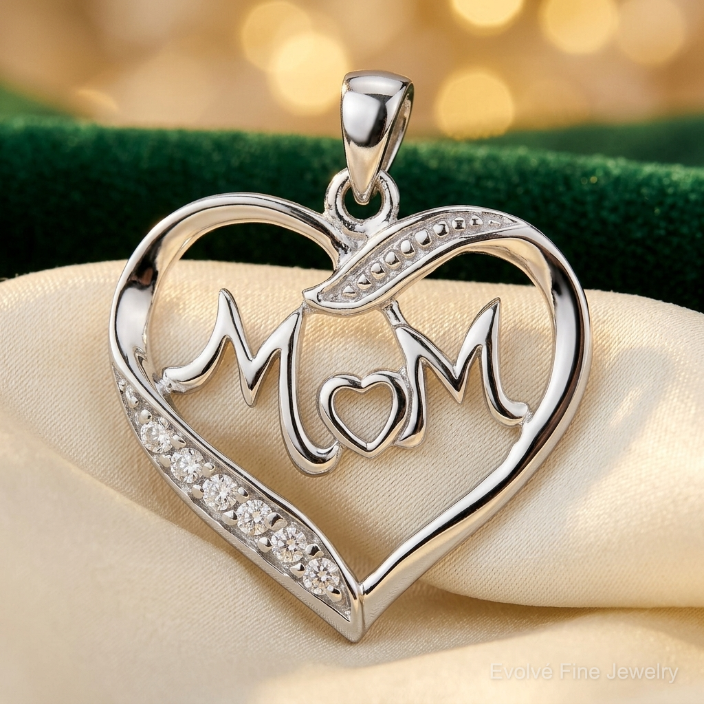 Sterling Silver Rhodium-plated MOM CZ Heart Pendant - Lifestyle View