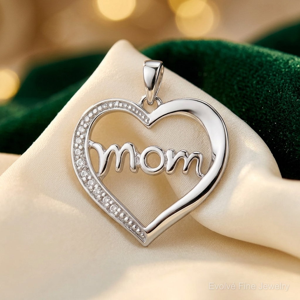 Sterling Silver Rhodium-plated MOM CZ Heart Pendant - Lifestyle View