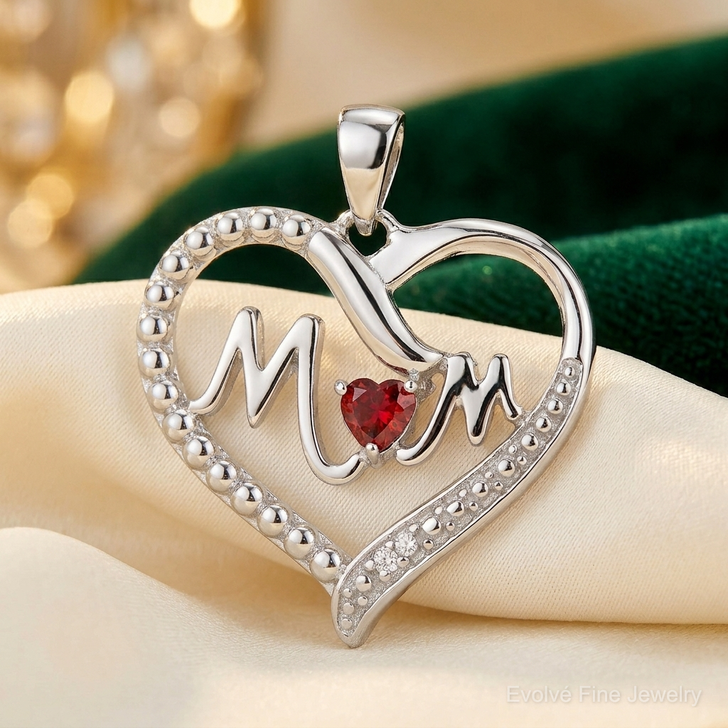 Sterling Silver Rhodium-Plated Red CZ Heart & White CZ Mom Heart Pendant - Lifestyle View