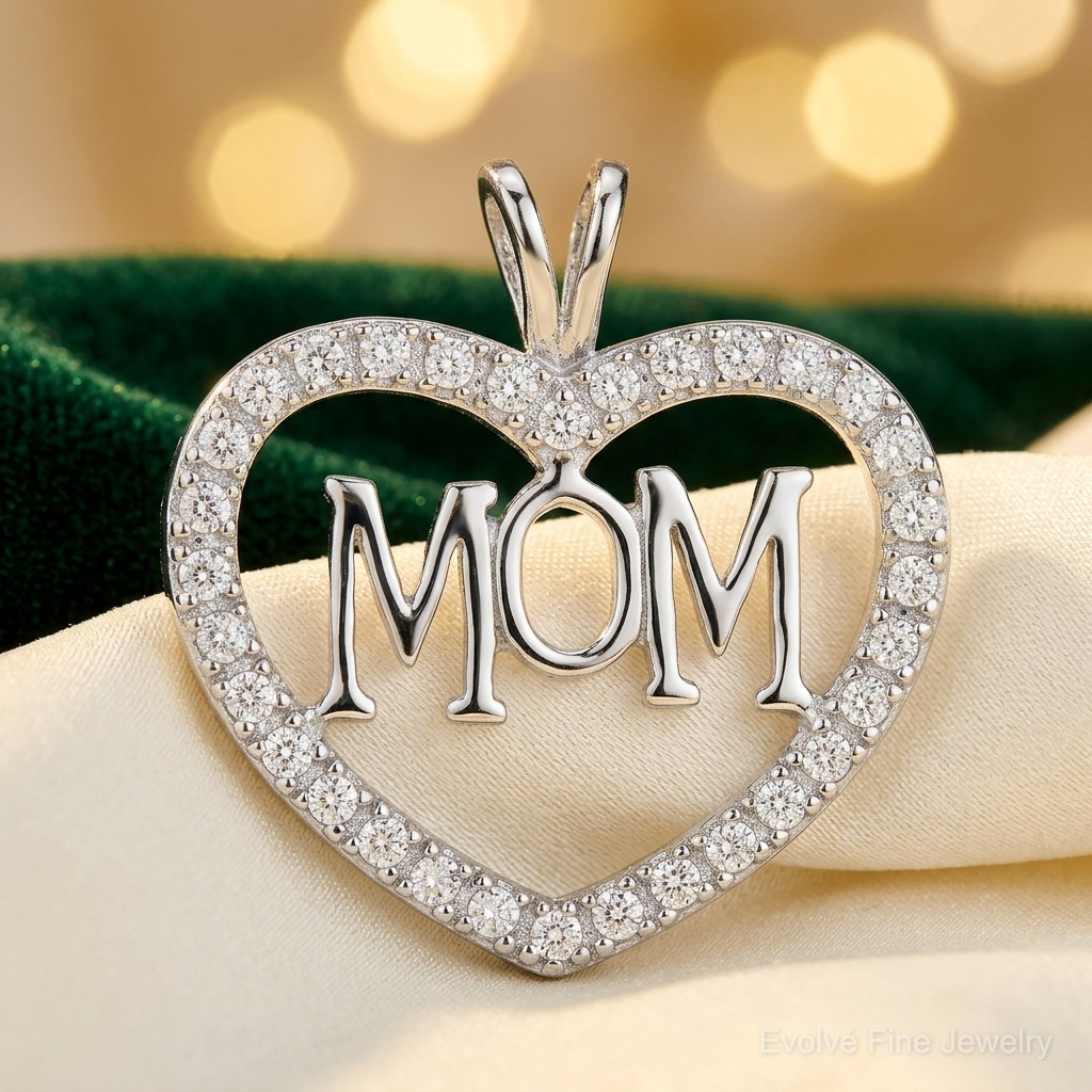 Sterling Silver Rhodium-plated CZ Open Heart MOM Pendant - Lifestyle View