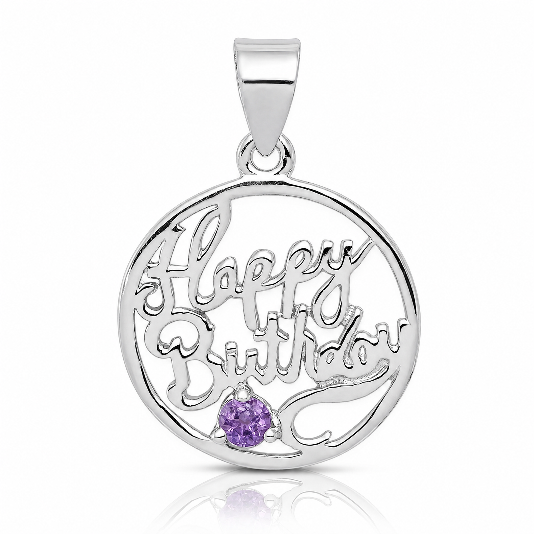 Sterling Silver Rhodium-plated Amethyst Happy Birthday Pendant - Lifestyle View