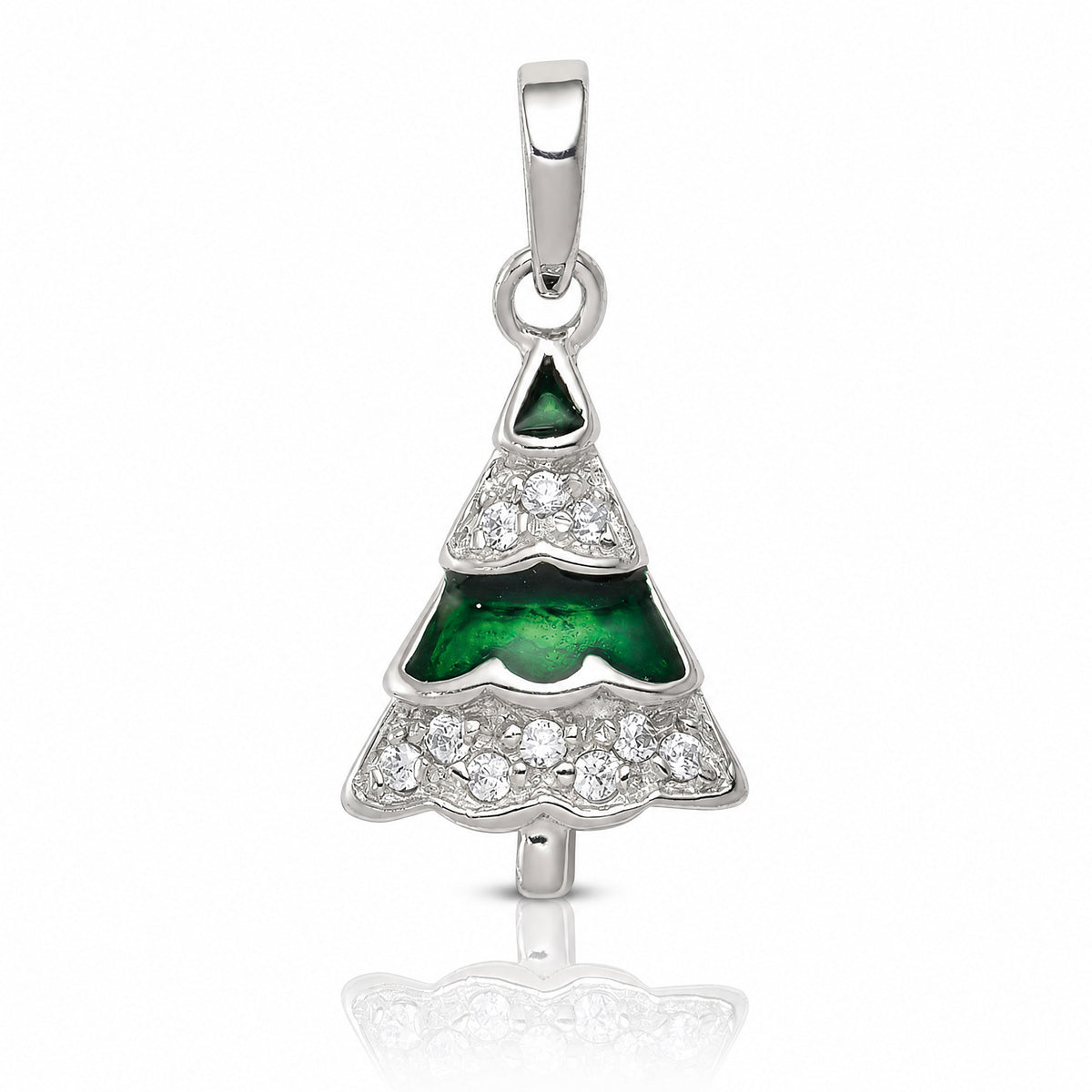 Sterling Silver Rhodium-plated CZ and Enameled Christmas Tree Pendant - Lifestyle View