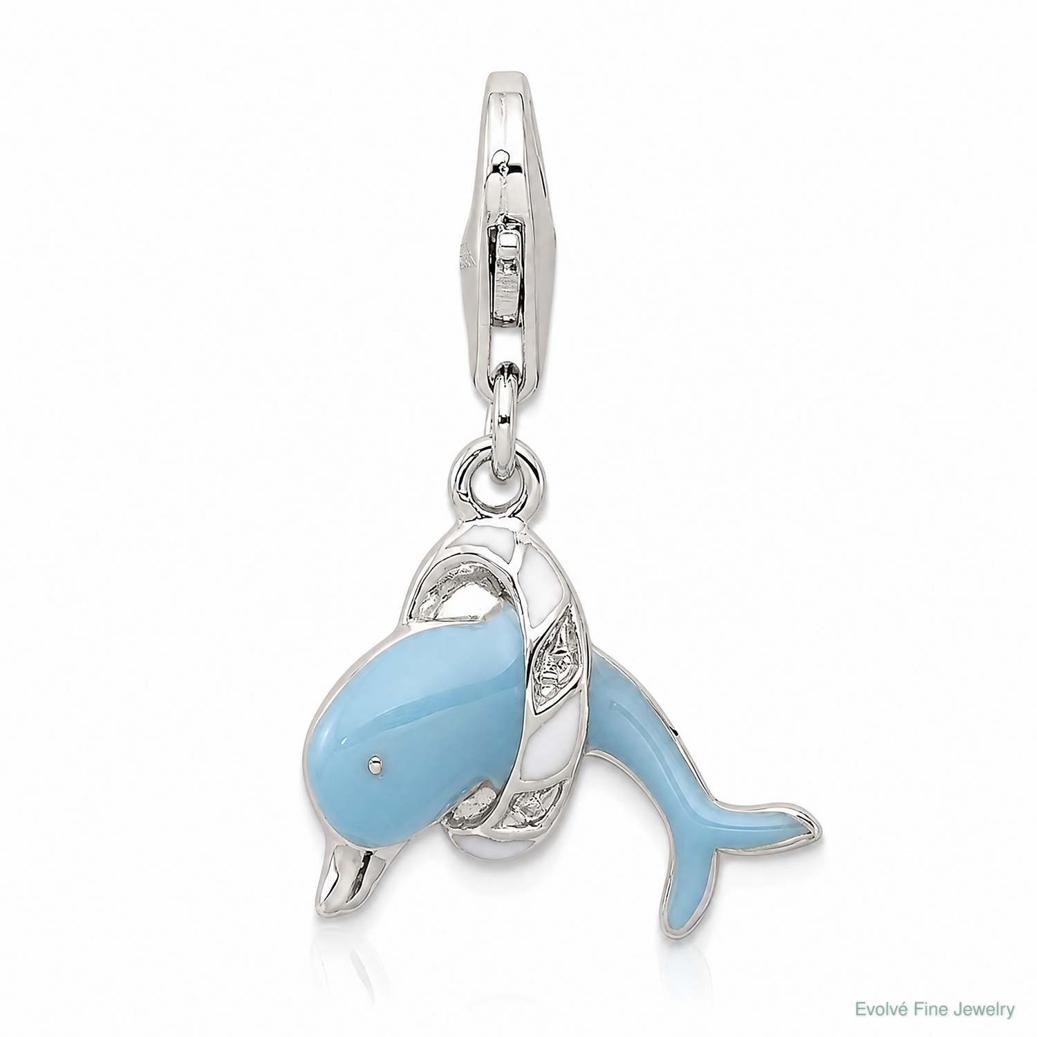 Sterling Silver Rhodium-plated Enameled Dolphin with Lobster Clasp Charm - Lifestyle View