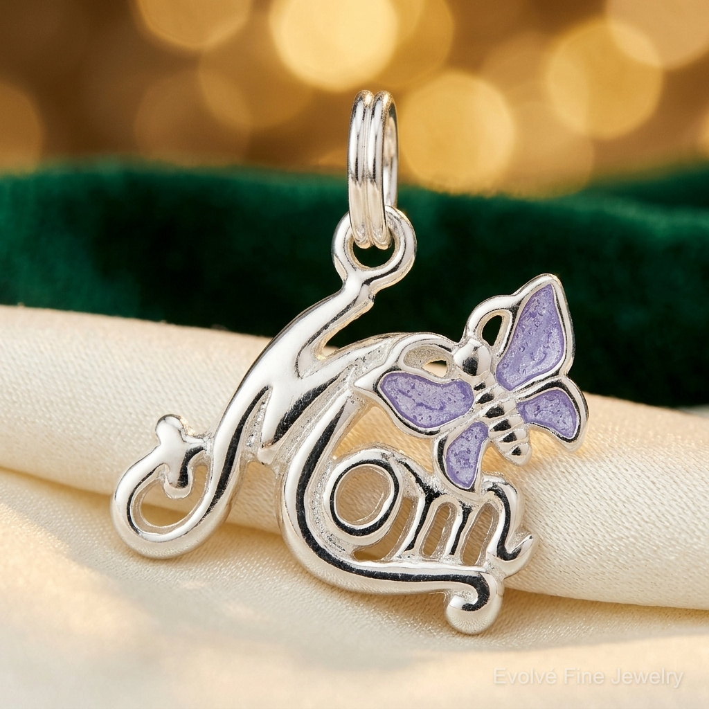 Sterling Silver Polished Mom Butterfly Enameled Charm - Lifestyle View