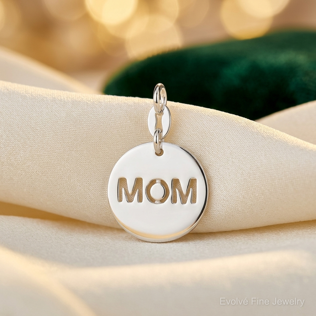 Sterling Silver Polished Circle Mom Charm - Lifestyle View