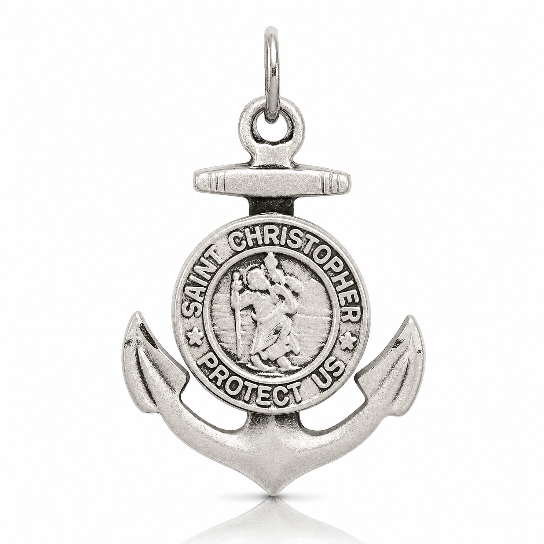 Sterling Silver Antiqued Satin St Christopher Anchor Medal Pendant - Lifestyle View
