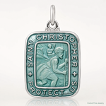 Sterling Silver Teal Enamel Square St. Christopher Medal Pendant - Lifestyle View