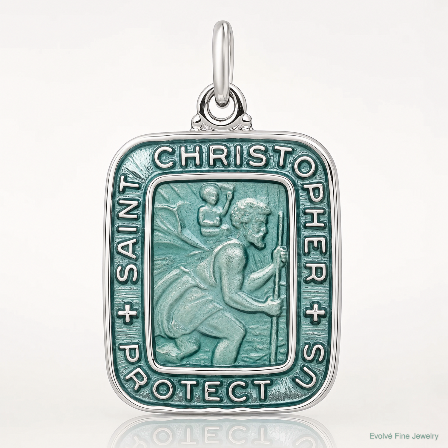 Sterling Silver Teal Enamel Square St. Christopher Medal Pendant - Lifestyle View