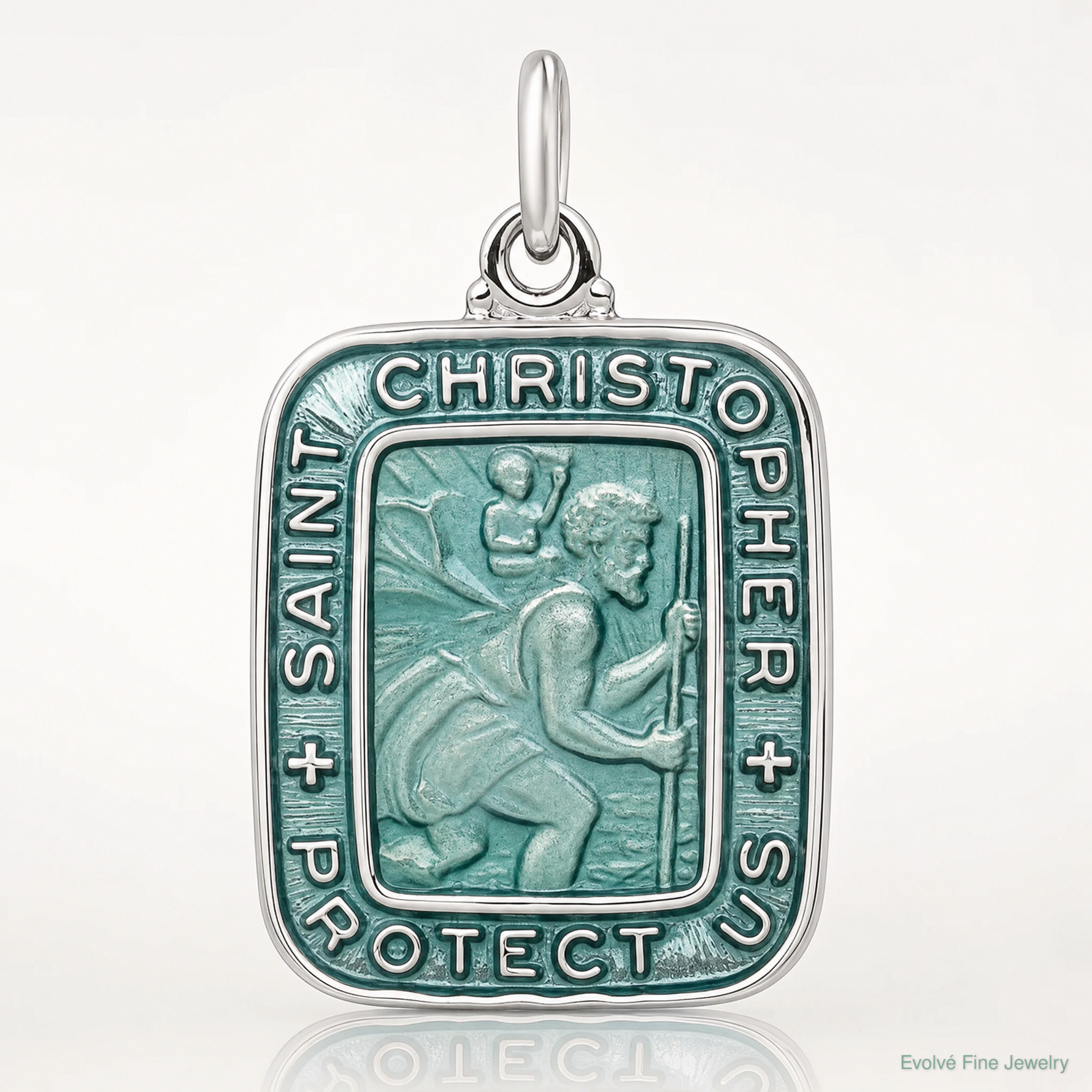Sterling Silver Teal Enamel Square St. Christopher Medal Pendant - Lifestyle View
