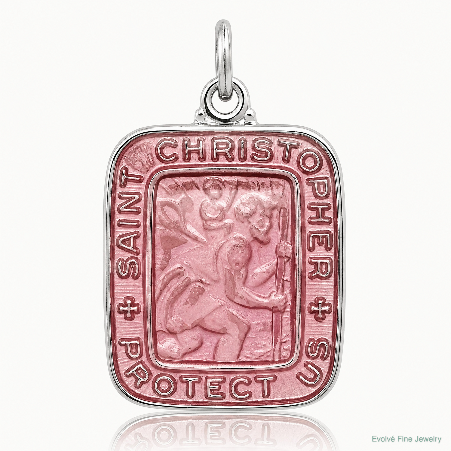 Sterling Silver Pink Enamel Square St. Christopher Medal Pendant - Lifestyle View