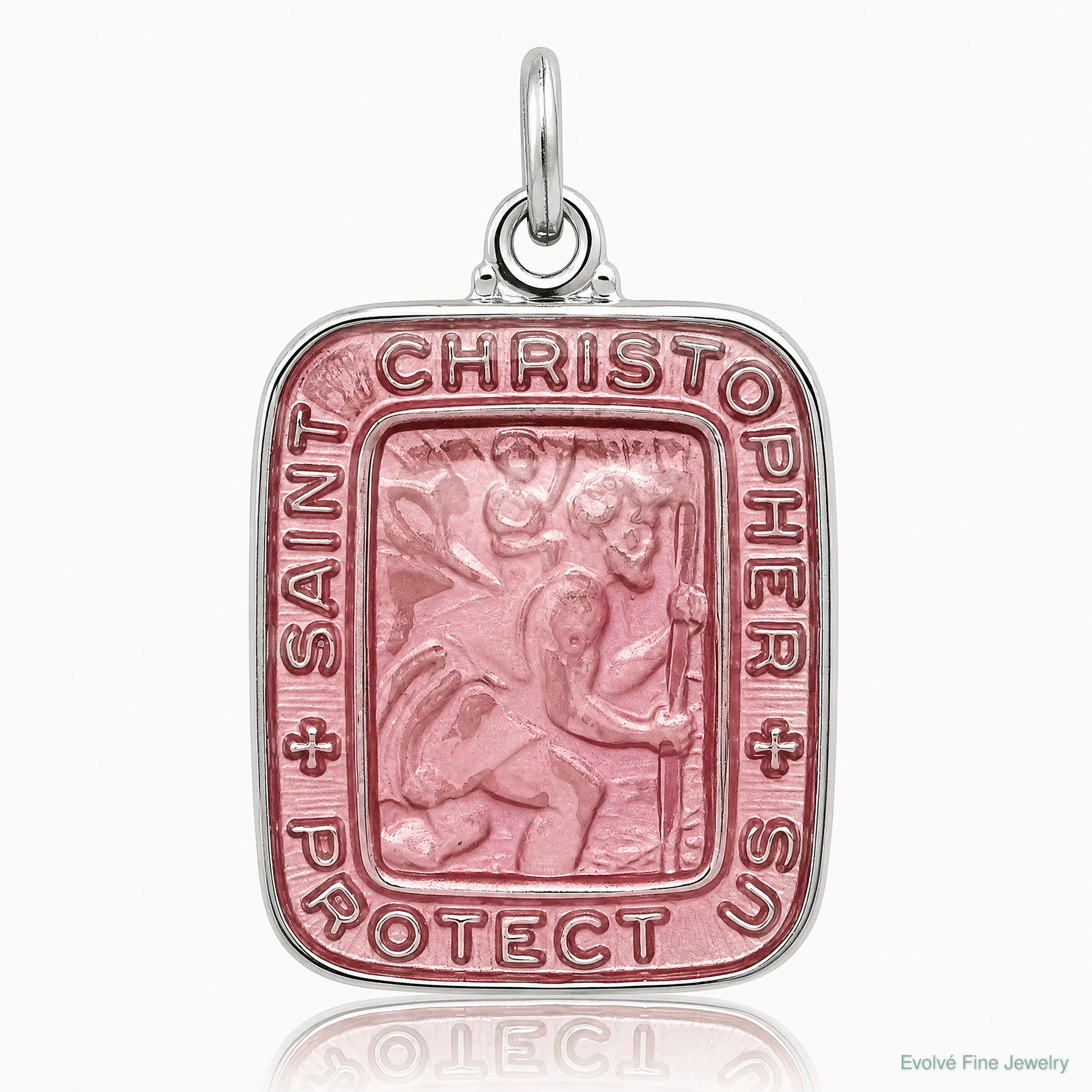 Sterling Silver Pink Enamel Square St. Christopher Medal Pendant - Lifestyle View